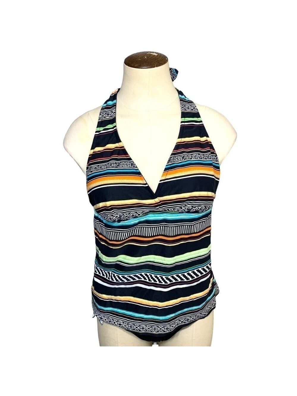 Captiva Halter Neck Tankini Swim Top Black Colorful Tribal Stripes Sz L Beach